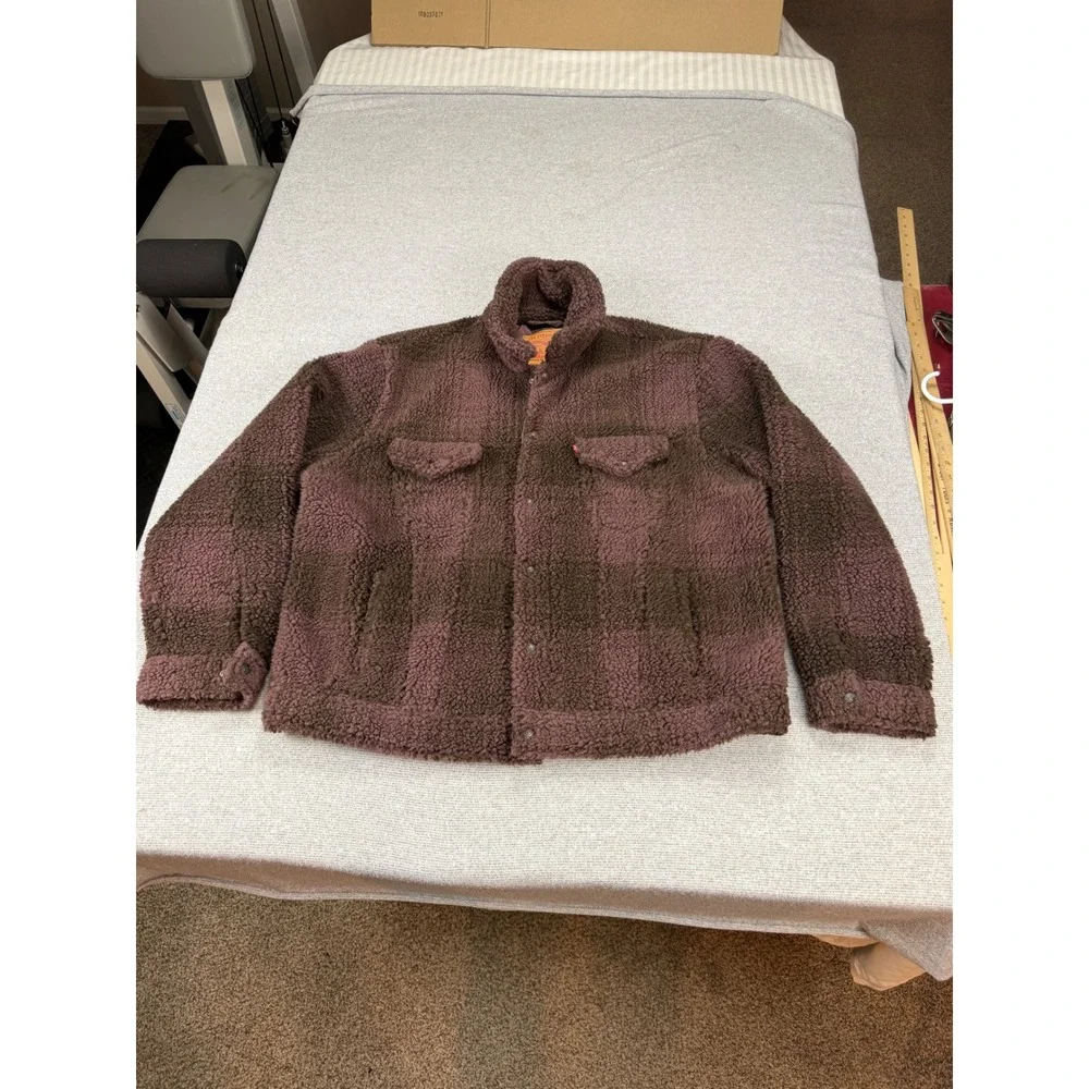 Levis Vintage Fit Sherpa Trucker Jacket Mens Large Purple Brown Plaid Fleece